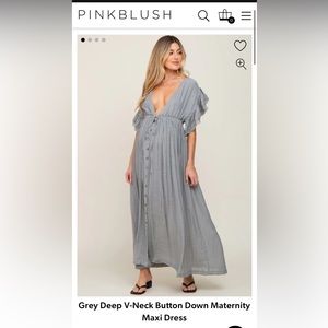 Pinkblush Grey Deep V-Neck Button Down Maternity Maxi Dress